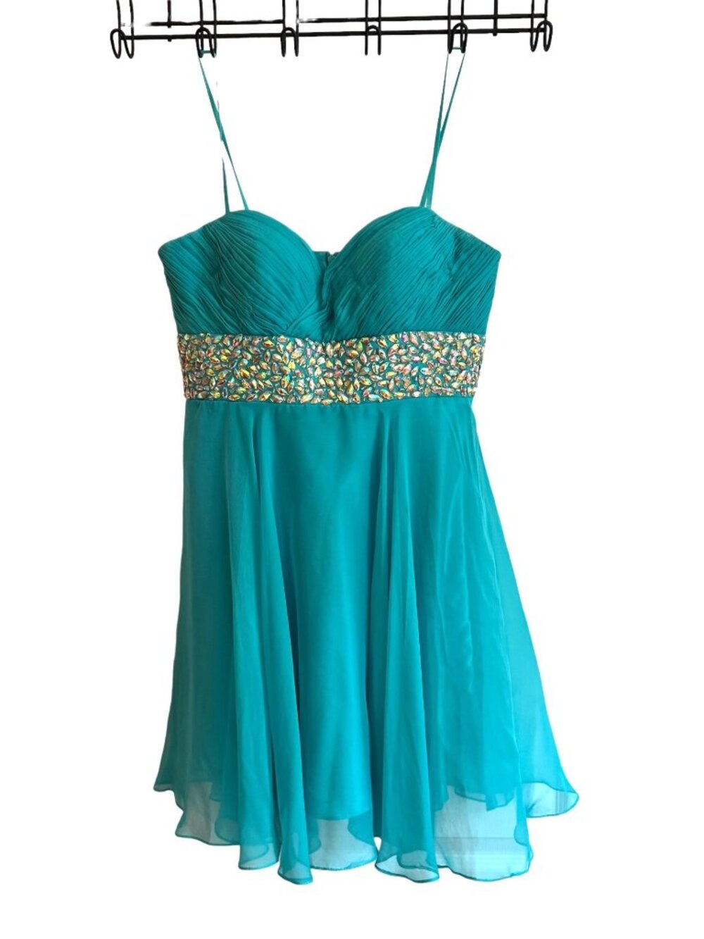 Dave & Johnny SZ 5/6 Teal Chiffon Dress With Beaded Waist & Spaghetti Straps